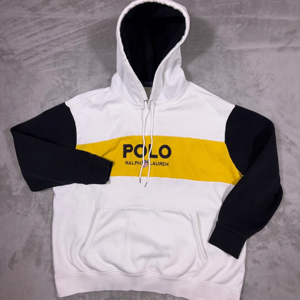 Polo Ralph Lauren Mens 3XB Colorblock Hoodie White Black Yellow Logo Pullover